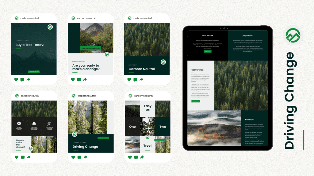 Carborn Neutral social graphics & website mockup on ipad. The slogan Driving Change is angled vertically with its icon above.