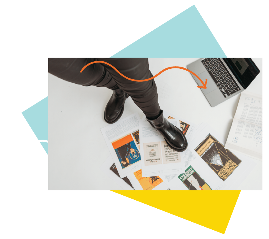 Branded Unconventional Rebel Graphic showcasing a mixture of real images and unconventional graphics showing the process of creating a brand identity. A personal drawing, graphics of a light bulb representing ideas, and arrows showing the final product. A mock-up of the full brand identity on an iPad.